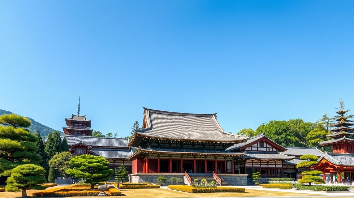 Honmyo-ji templom Kumamoto városában, csendes kerttel és pagodákkal