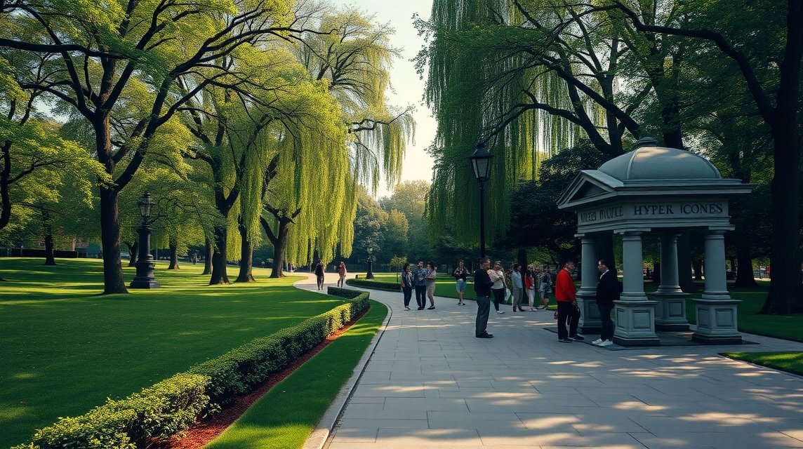 Séta a Hyde Parkban, zöld fák és látogatók a Speaker’s Corner közelében