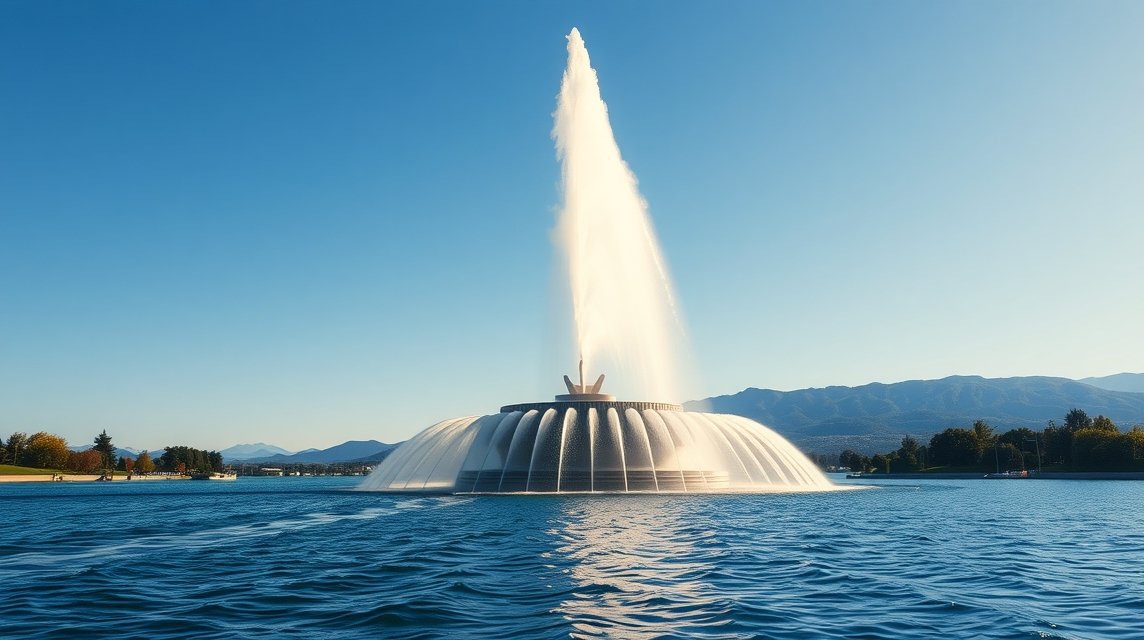 Jet d'Eau szökőkút Genf városában, háttérben a hegyekkel.