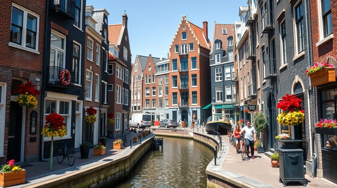 A Jordaan negyed hangulatos csatornája Amszterdamban virágokkal