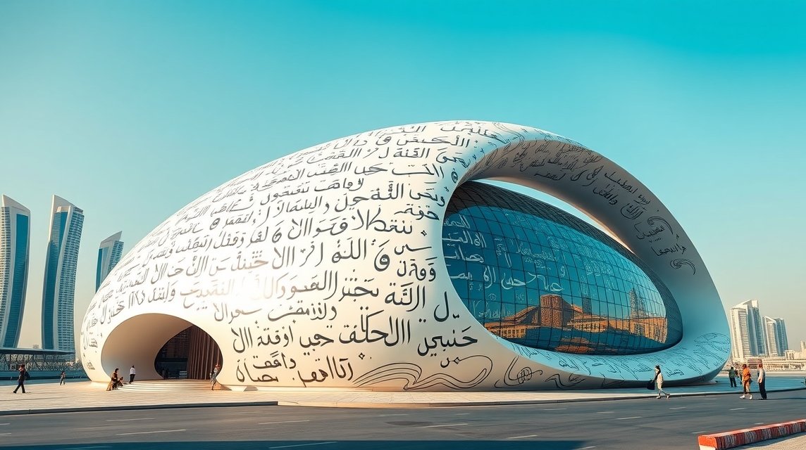 A Jövő Múzeuma épülete Dubajban, futurisztikus designnal.