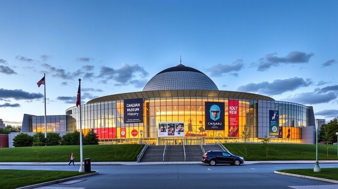 A Kanadai Történeti Múzeum épülete Gatineau-ban naplementében.