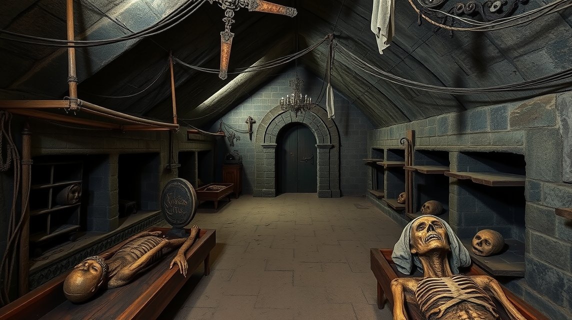 Kapucinusok kriptája Brnoban, múmiák a nézők előtt