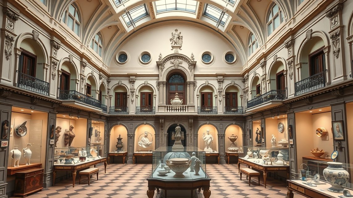 A valenciai Kerámiamúzeum elegáns belső tere és művészeti gyűjteményei.