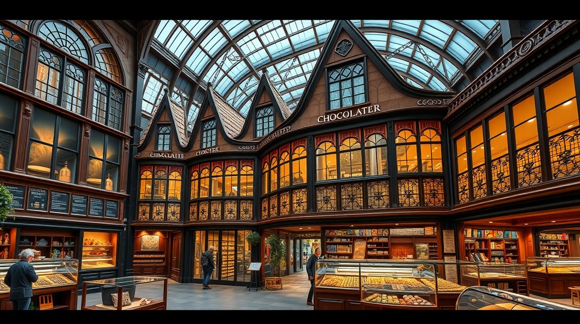 A kölni Csokoládémúzeum belső tere finom édességekkel.