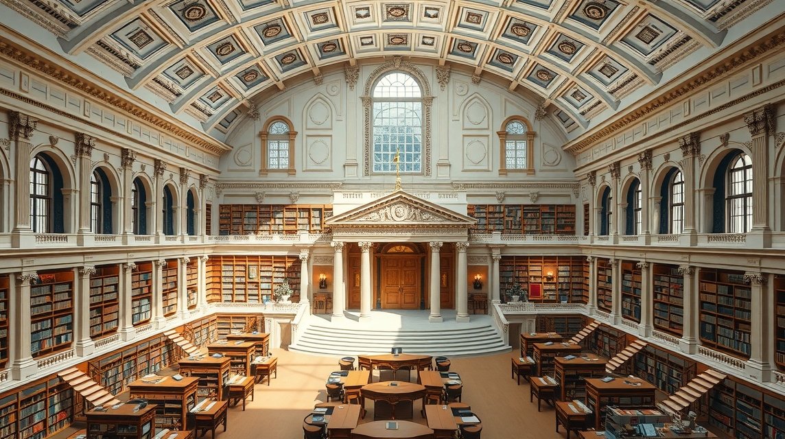 A Kongresszusi Könyvtár lenyűgöző belső tere, könyvespolcokkal és díszes építészettel.