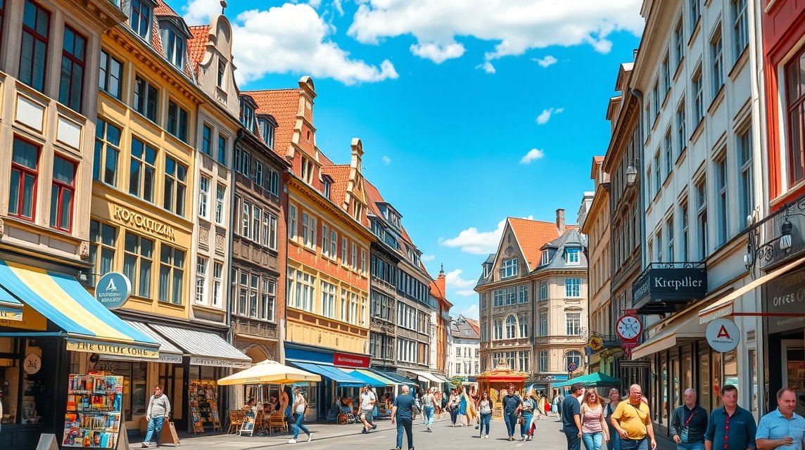Rostock látnivalók - A Kröpeliner Straße bevásárlóutca 1 Kröpeliner Straße bevásárlóutca Rostockban, élénk utcai élet.