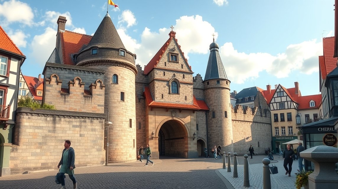 A Kröpeliner Tor, Rostock középkori kapuja a városfal mögött.