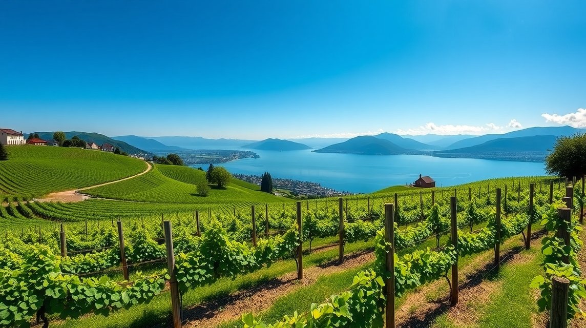 Lavaux szőlőteraszok Genf közelében, gyönyörű kilátással a Genfi-tóra.