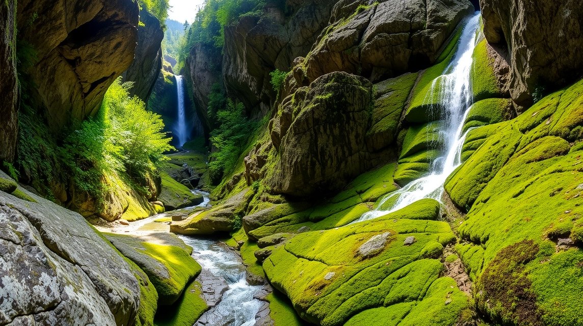 Liechtensteinklamm szurdok zöld sziklák és vízesések