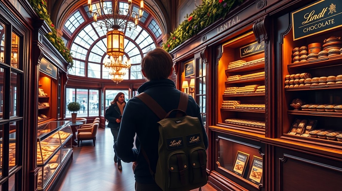 Látogatás a Lindt Csokoládé Otthonában Zürichben, édességek és csokoládék között.