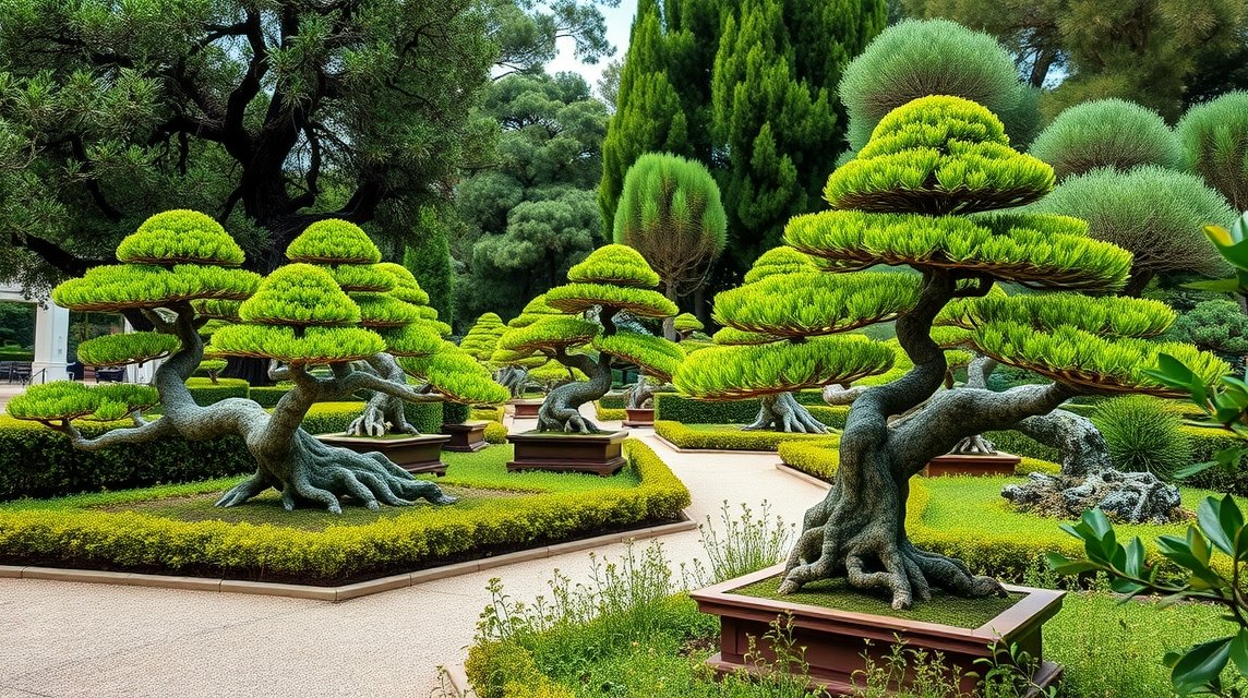 Zöld bonsai fák a Marbella Bonsai Múzeumban, lenyűgöző természetes szépség.