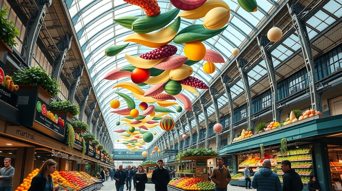 Markthal Rotterdam mennyezeti műalkotás gyümölcsökkel és zöldségekkel