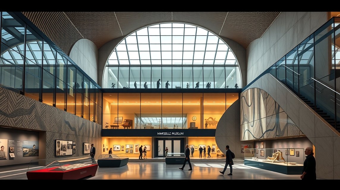 A Marseille Történeti Múzeuma modern belső tere, látogatókkal.
