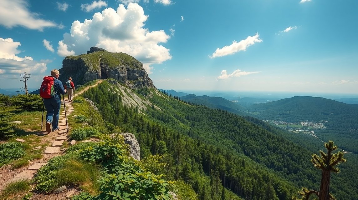 Túrázók a Medvednica hegyén, lélegzetelállító panorámával Zágráb felett.