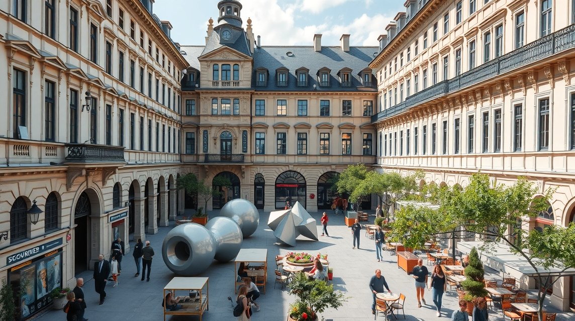 Múzeumi Negyed udvarai Bécsben modern szobrokkal és emberekkel