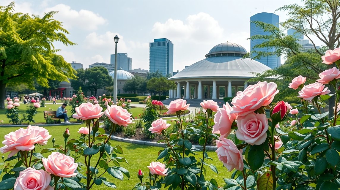 Rózsák a Nakanoshima Parkban, Oszaka város központjában.