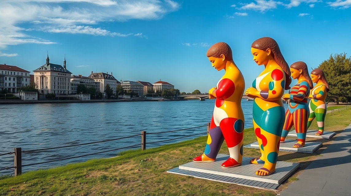 Hannover látnivalók - A Nanas-szobrok a Leine partján 1 Színes Nanas-szobrok a Leine partján Hannoverben.