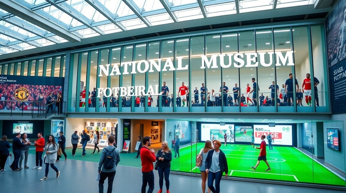 Nemzeti Futballmúzeum belső nézet Manchesterben, látogatók körében.