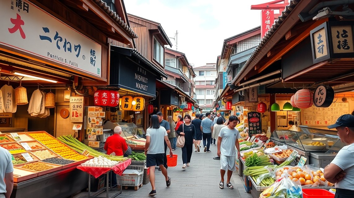 Nishiki piac Kiotóban, friss zöldségek és hagyományos ételek