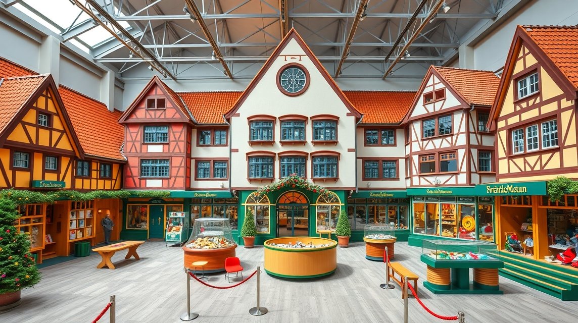 A Játékmúzeum belső tere Nürnbergben, interaktív kiállításokkal.