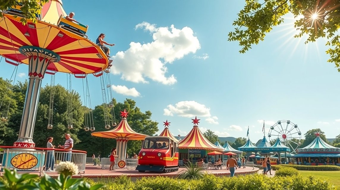 Papéa Parc vidámpark látképe, színes attrakciókkal és játékokkal.