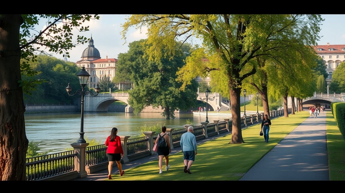 Sétáló emberek a Parco del Valentino parkban Torinóban, a Po folyó partján.