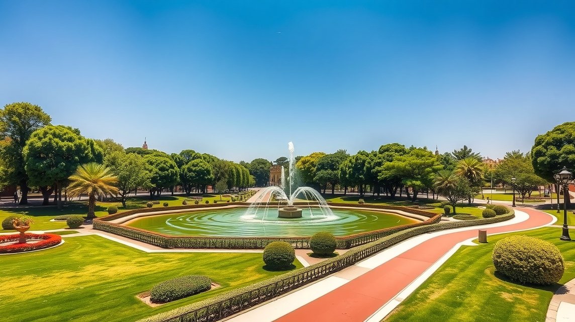 A gyönyörű szökőkút a Parque Grande José Antonio Labordetában Zaragoza városában.