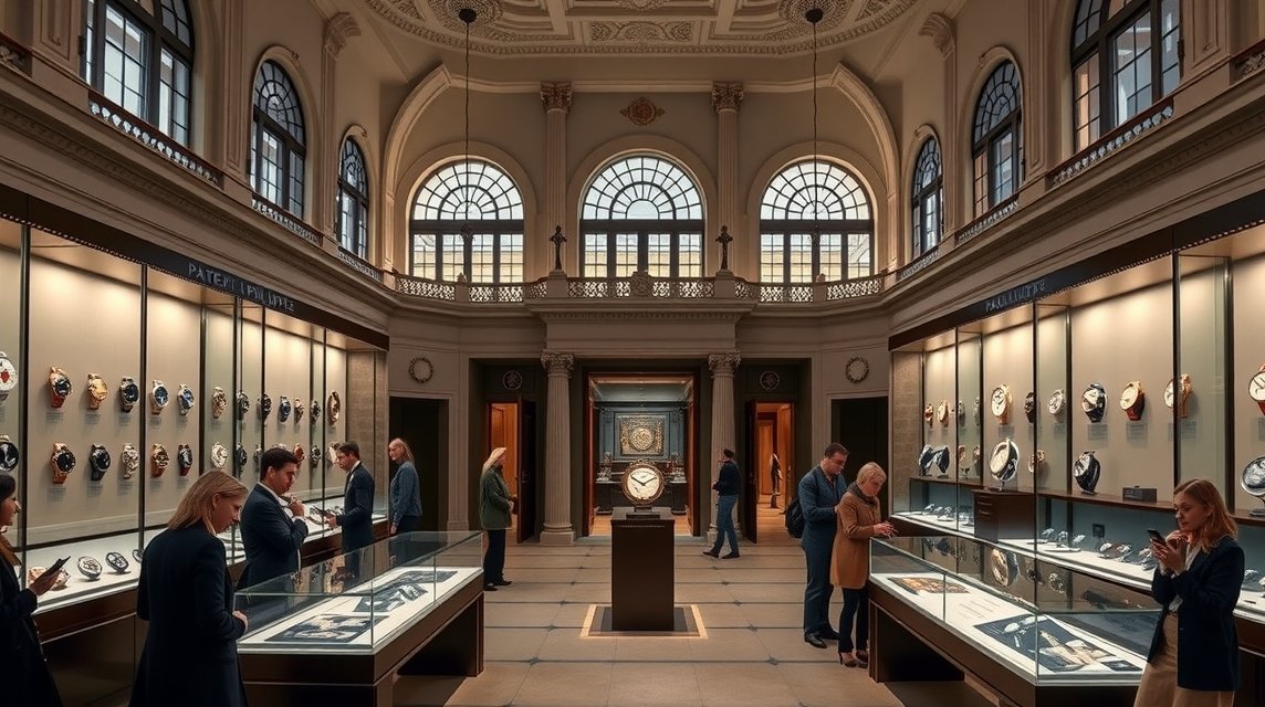 Patek Philippe Óramúzeum belső tere, látogatók a kiállításon