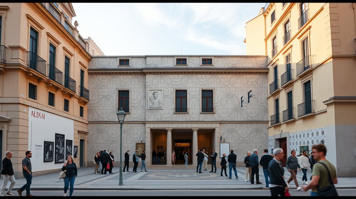 A Málaga-i Picasso Múzeum épülete látogatók előtt.