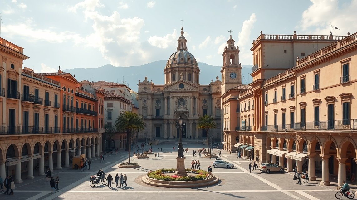 Plaza del Cardenal Belluga, gyönyörű katedrálissal és barokk épületekkel.