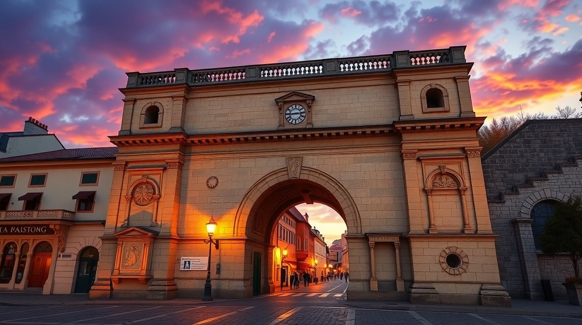A Porta Praetoria római kapu Regensburg városában, naplementében.