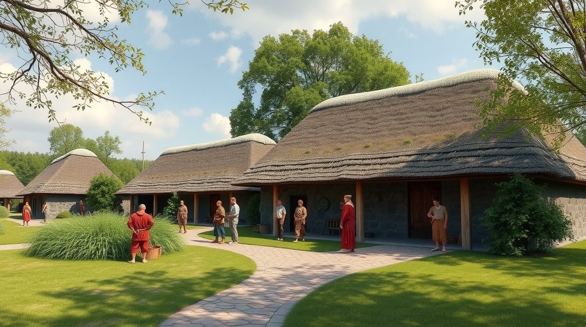 A Prehistorisch Dorp skanzen hagyományos házai és látogatói