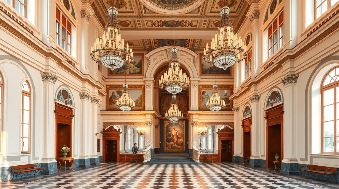 A Prímási palota Tükörterem belső tér, barokk stílusban.