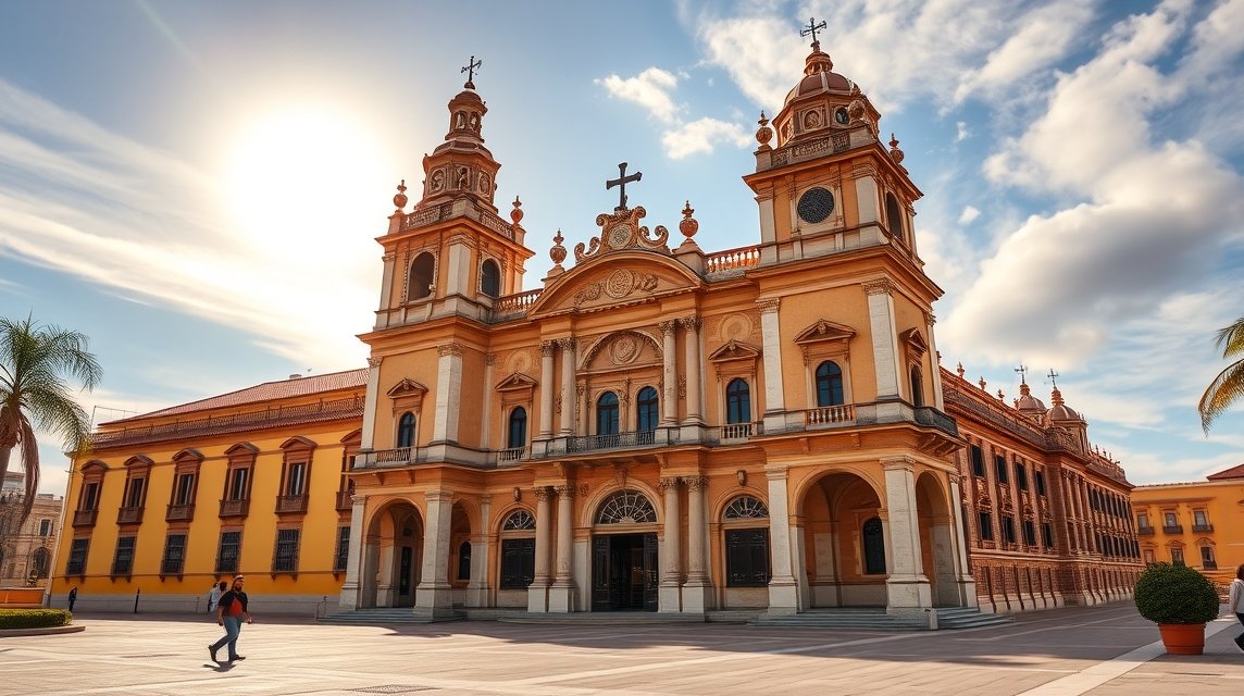 A Püspöki Palota lenyűgöző homlokzata Murcia városában.