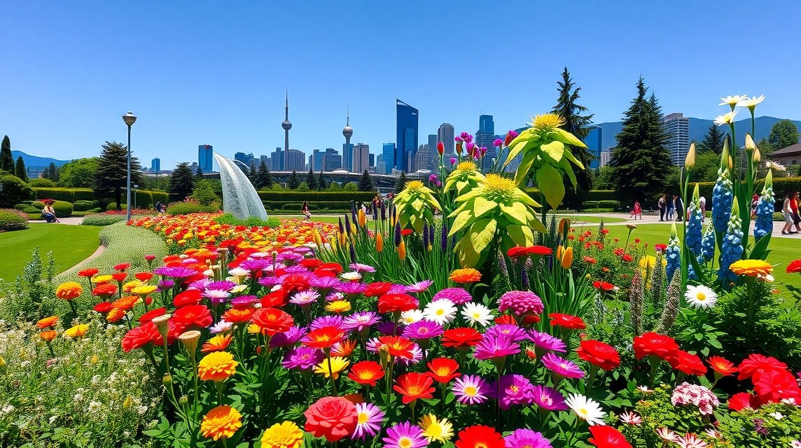Színes virágágyások a Queen Elizabeth Parkban Vancouverben.