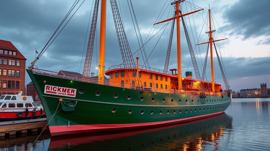 Hamburg látnivalók - A Rickmer Rickmers múzeumhajó 1 Rickmer Rickmers múzeumhajó Hamburg kikötőjében éjszaka
