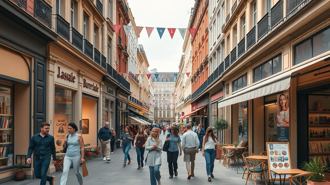 A Rue Sainte-Catherine sétálóutca Bordeaux-ban, tele vásárlókkal.