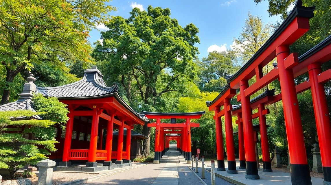 Okayama látnivalók - Saijo Inari szentély 1 Saijo Inari szentély vörös torii-k és zöld fák alatt Okayamában.