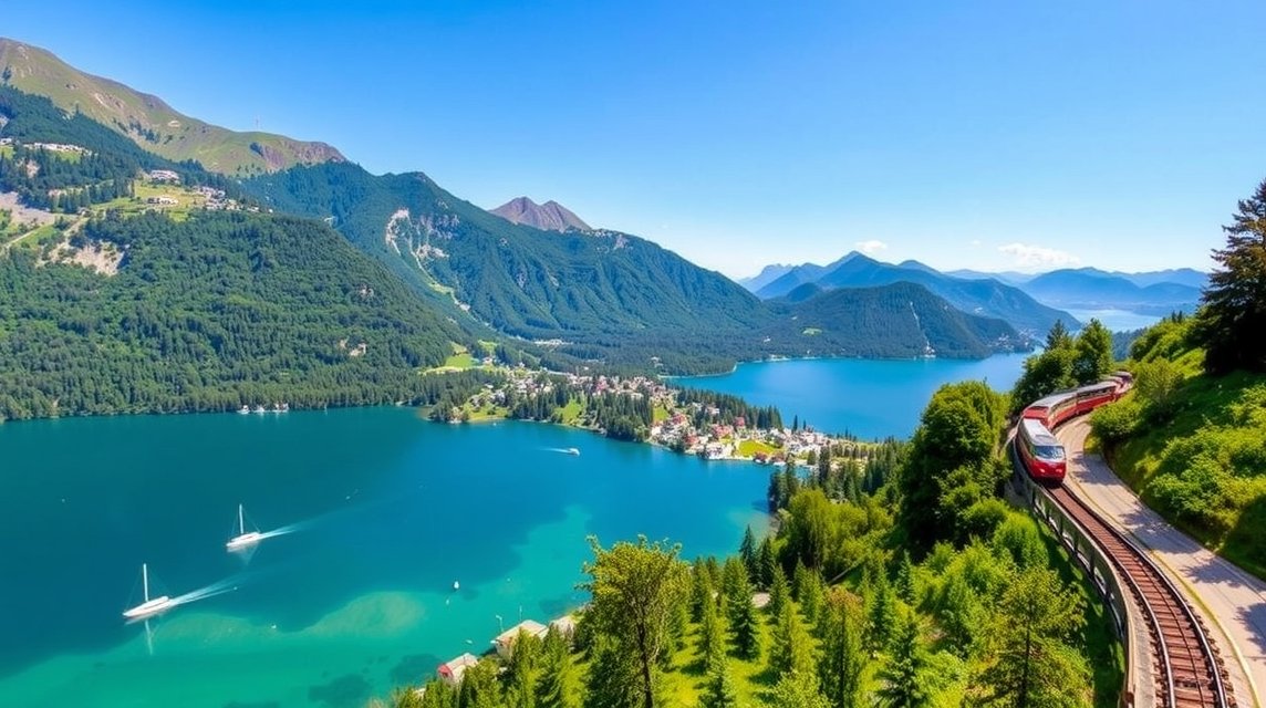 Gyönyörű kilátás a Salzkammerguti tóvidékre és a Schafberg-vasútra nyáron.