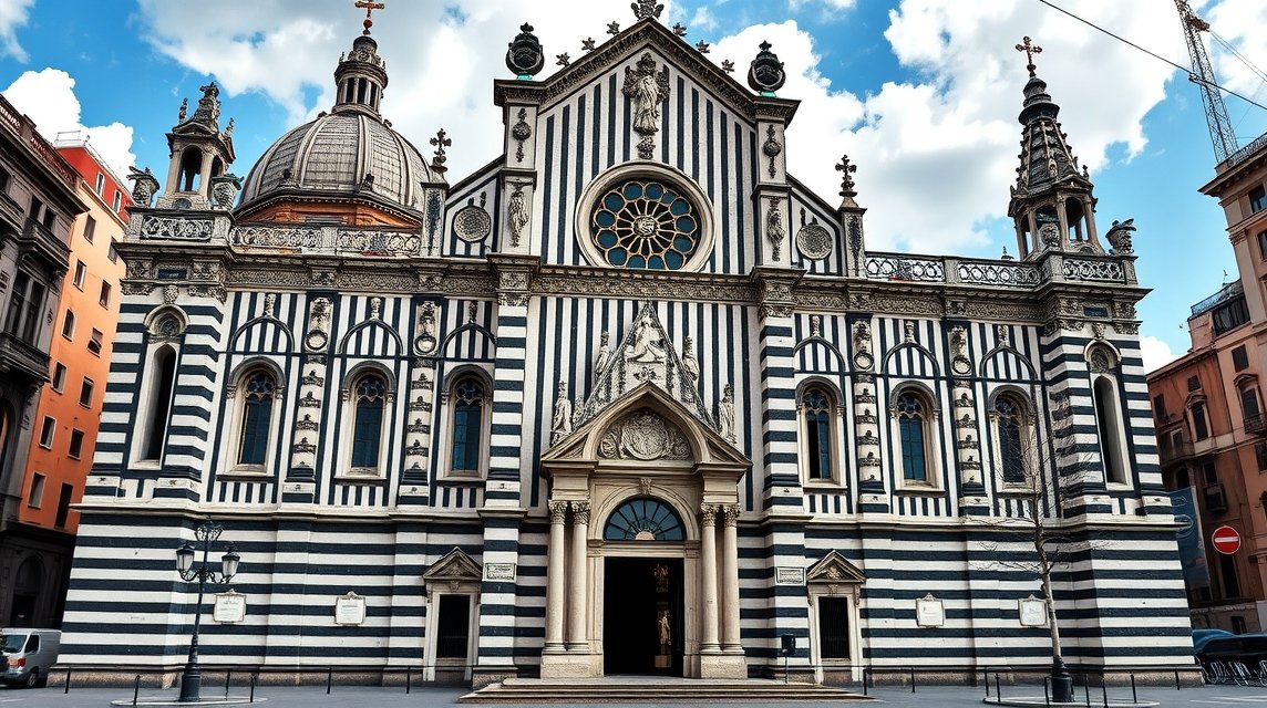 A San Lorenzo-katedrális fekete-fehér csíkos homlokzata Genovában