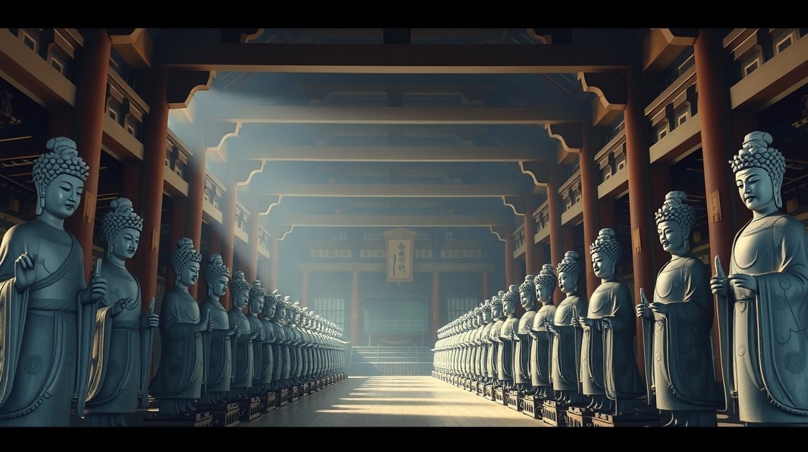 Sanjusangendo templom belseje 1001 Kannon szoborral Kiotóban