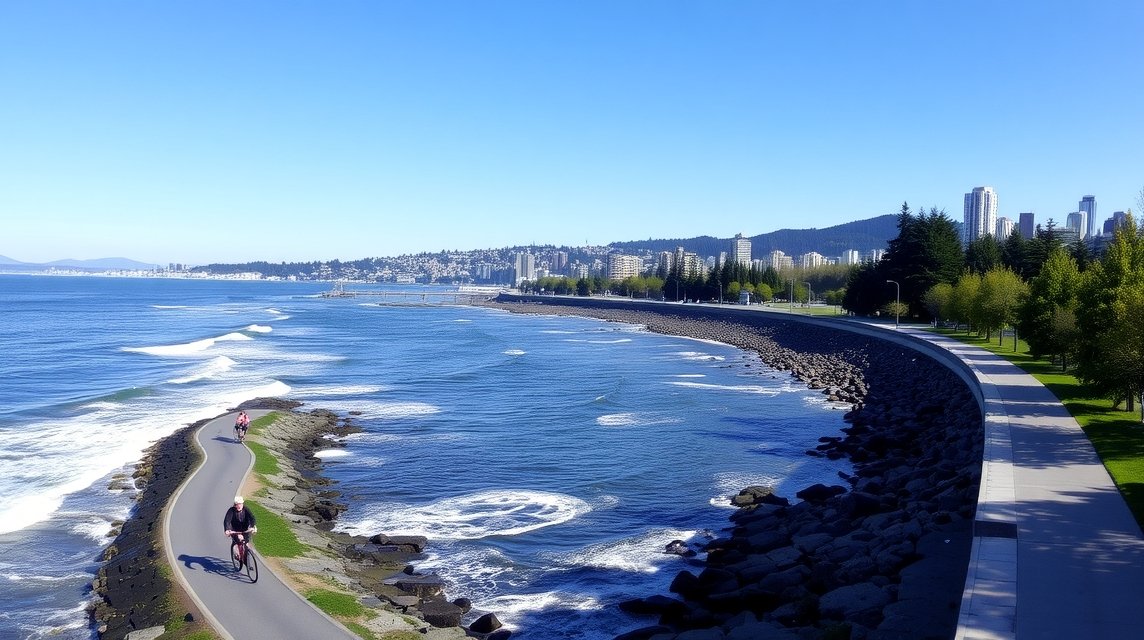 Seawall tengerparti úton bicikliző emberek Vancouverben
