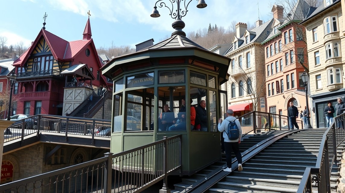 A sikló a Quebec régi városában, gyönyörű épületek között.