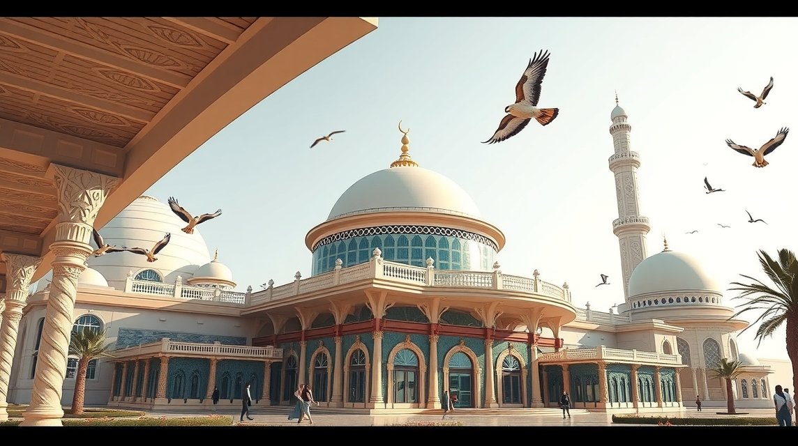 A Solymászkórház épülete és sólymok repülnek a levegőben.