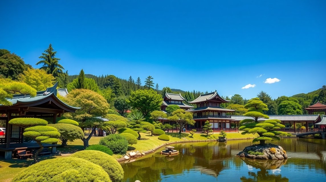 Kóbe látnivalók - Sorakuen japán kert 1 A Sorakuen japán kert békés tája Kobéban, gondosan megtervezett fák és tavak.