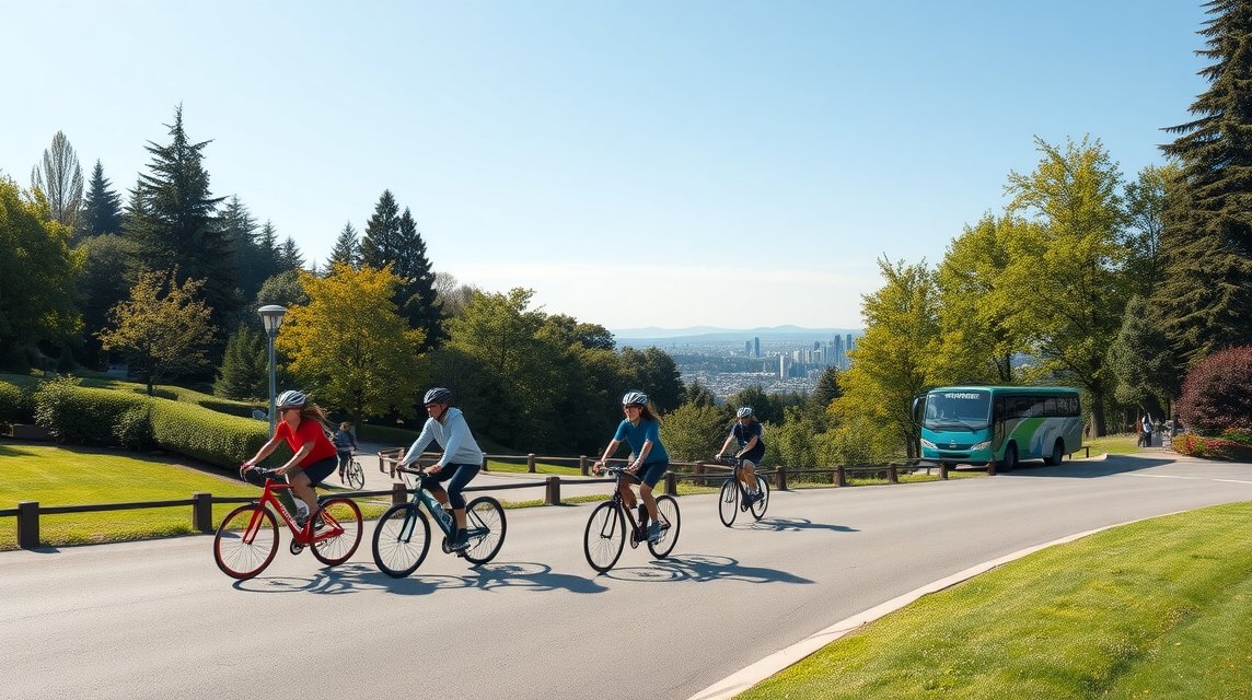 Kerékpározás a Stanley Parkban, városi kilátással és zöld természetben.