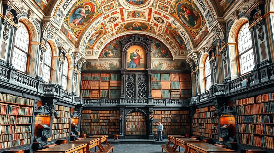 A Strahov-kolostor könyvtára barokk freskókkal és régiségekkel.