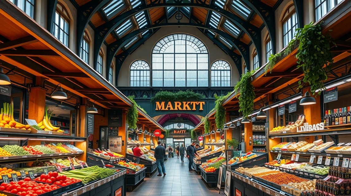 Stuttgart Vásárcsarnok belső nézet, friss zöldségek és gyümölcsök