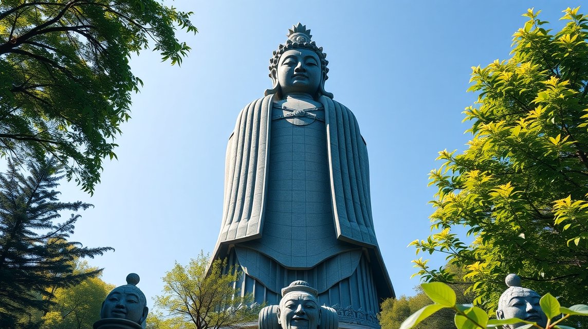 Szendai Daikannon óriásszobor zöld környezetben